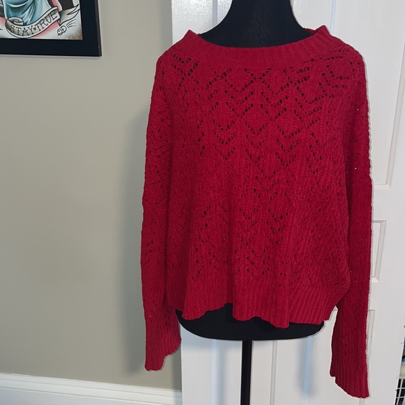 American Eagle AE RedCropped Pointelle Crew Neck Sweater XL - Picture 5 of 9